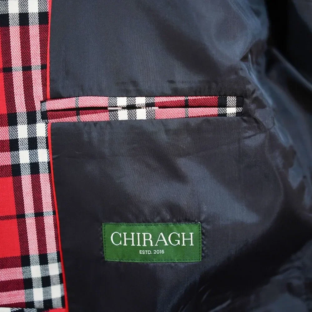 Mens Wool Sport Coat 44R Red Black White Tartan Plaid Blazer 2 Button Classic